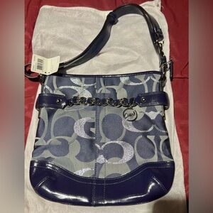 COACH Navy Blue Collette Charm Chain Hobo Crossbody Baguette 19810